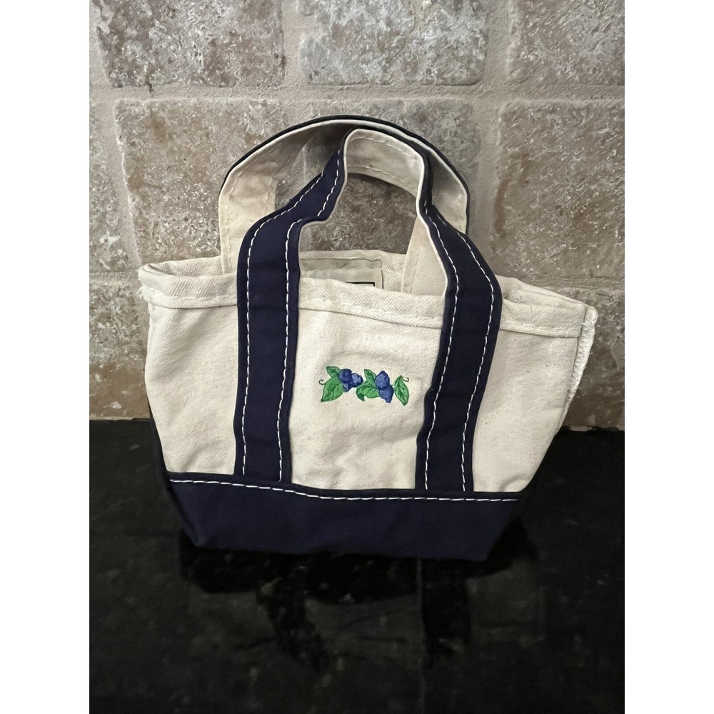 RARE VTG LL Bean Mini BOAT AND TOTE Blueberries Canvas Bag USA White Blue Maine